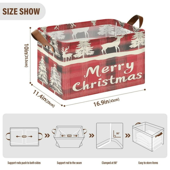 BZSMCE Collapsible Fabric Cube Storage Bins Christmas Red Plaid Painting with Reindeer Design Pattern Storage Box
