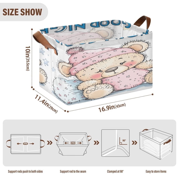 BZSMCE Collapsible Fabric Cube Storage Bins Cute Cartoon Bear Sleeping Design Pattern Storage Box