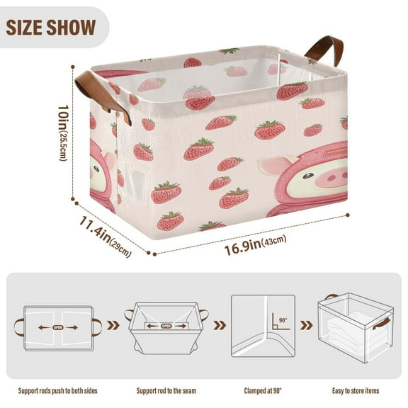 BZSMCE Collapsible Fabric Cube Storage Bins Cute Piggy Wearing Strawberry Hood Design Pattern Storage Box
