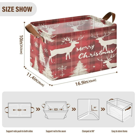BZSMCE Collapsible Fabric Cube Storage Bins Dark Red Plaid Pattern with Reindeer Design Pattern Storage Box