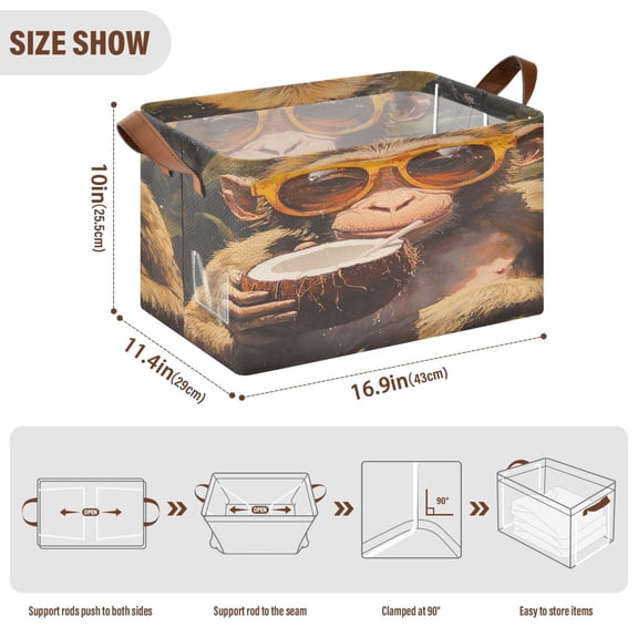 BZSMCE Collapsible Fabric Cube Storage Bins Monkey with Glass Drinking Coconut Design Pattern Storage Box