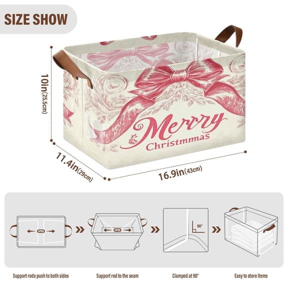 BZSMCE Collapsible Fabric Cube Storage Bins Red Merry Christmas and Design Elegant Bowknot Design Pattern Storage Box