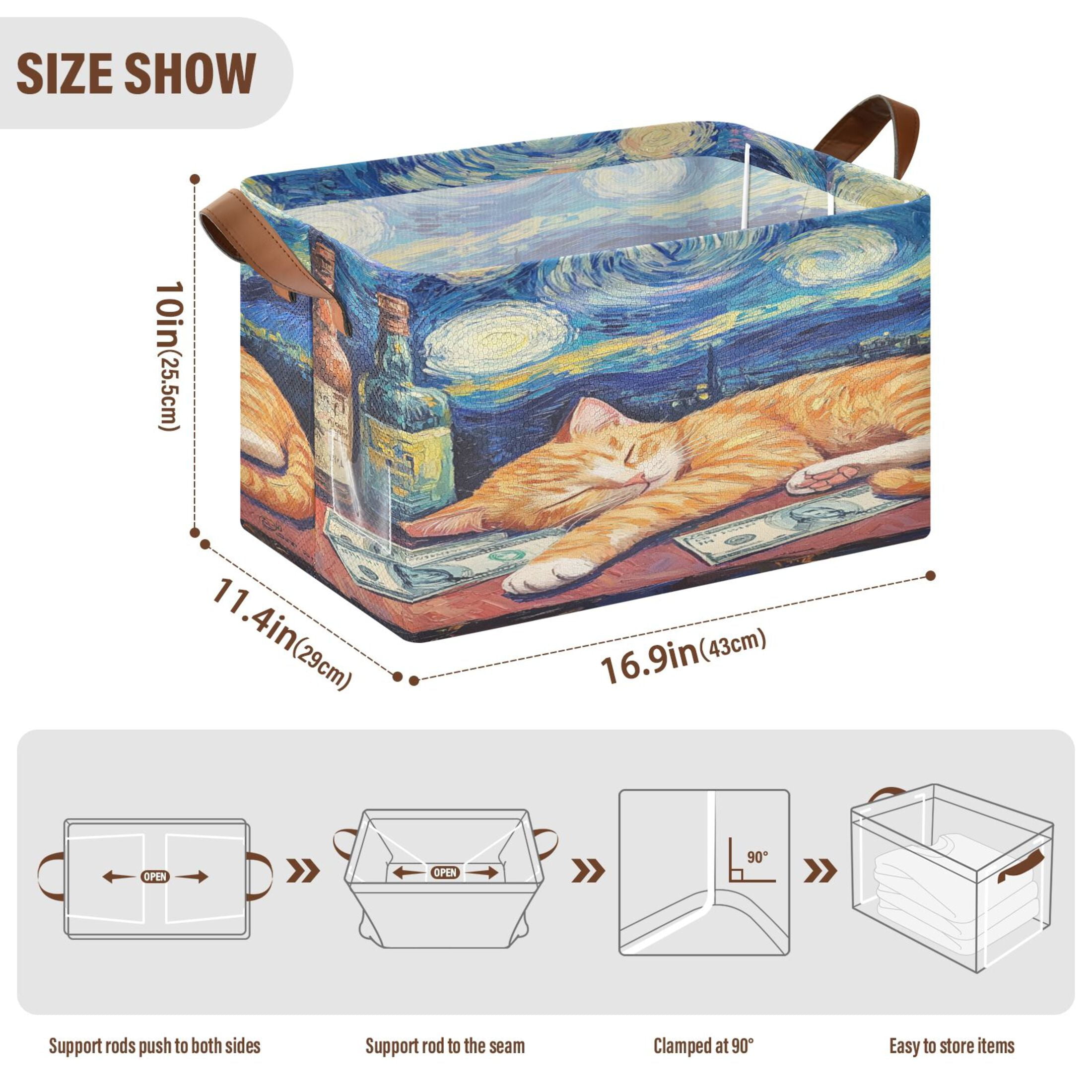 BZSMCE Collapsible Fabric Cube Storage Bins Sleeping Cat Pattern Design