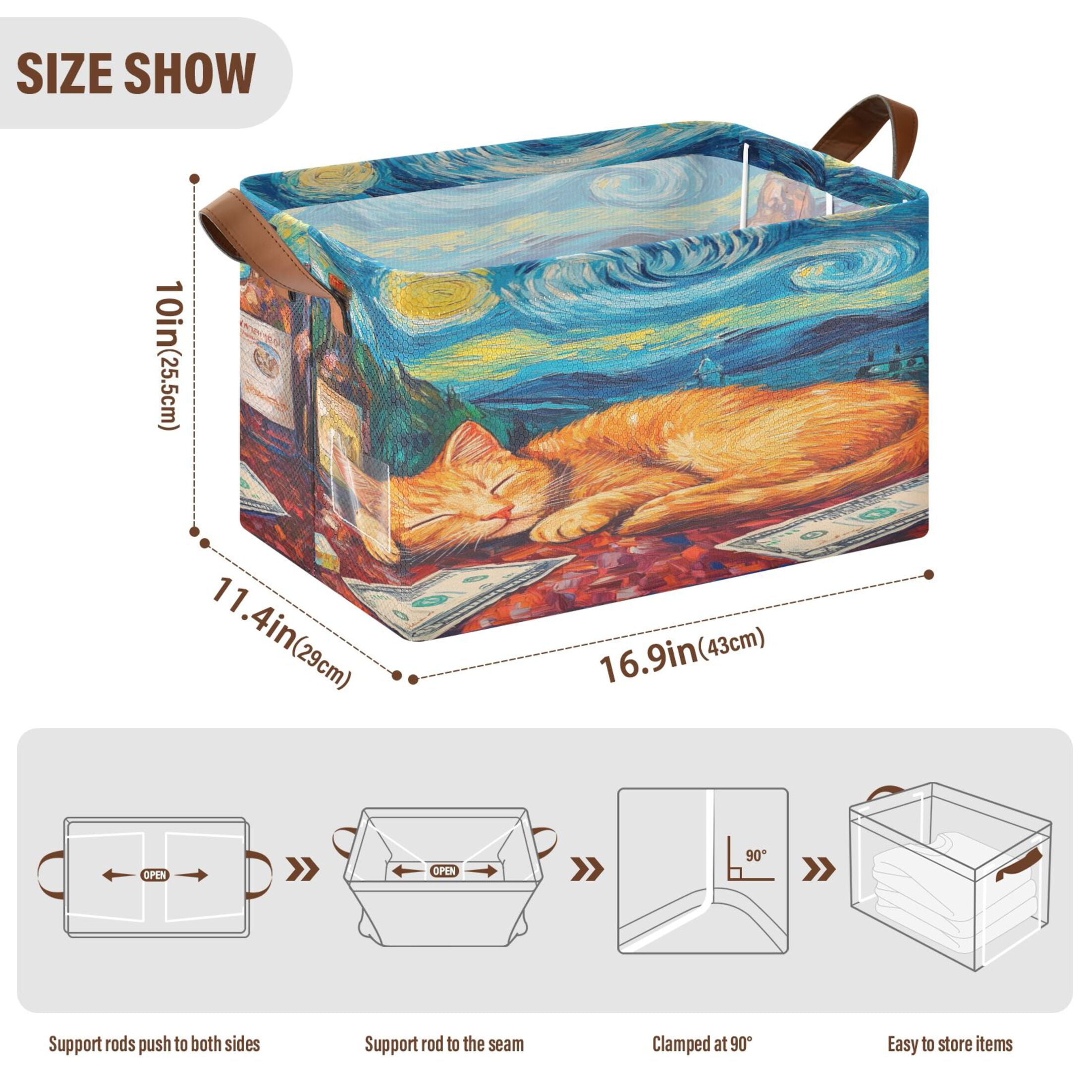 BZSMCE Collapsible Fabric Cube Storage Bins Sleeping Cat Print Design