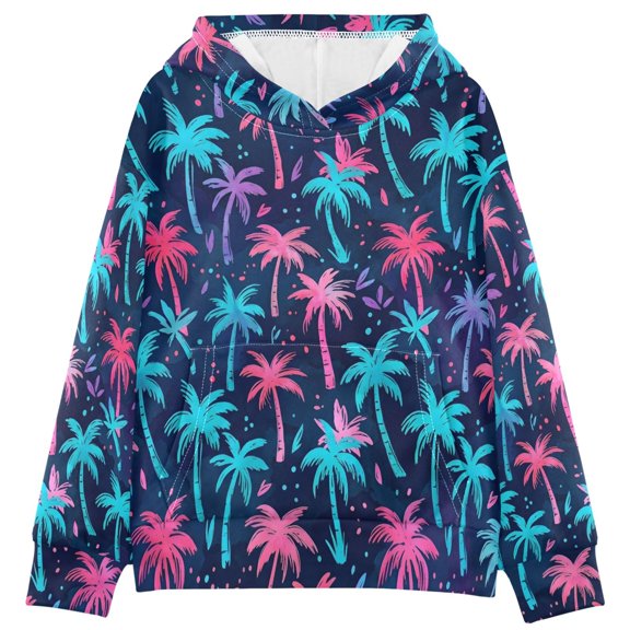 BZSMCE Colorful Coconut Tree Pattern Print Hoodie Casual Pullover Sweatshirt With Kangaroo Pocket