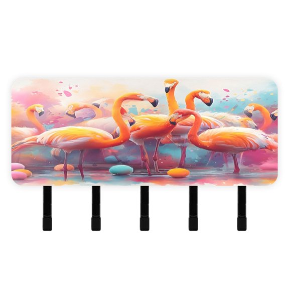 BZSMCE Colorful Flamingo Print Mount Hook Rack 5Hook Acrylic ReversePrint Wall Hanger With Hidden Storage Compartment