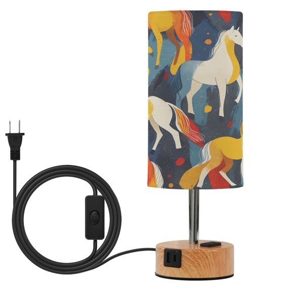 BZSMCE Colorful Horse Splash Pattern Printed 3 Color Touch Control Table Lamp Linen Shade LED Nightstand Lamp with Wood Grain BaseUS Standard Power Cord