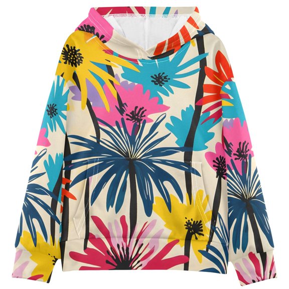 BZSMCE Colorful Palm Tree Print Hoodie Casual Pullover Sweatshirt With Kangaroo Pocket