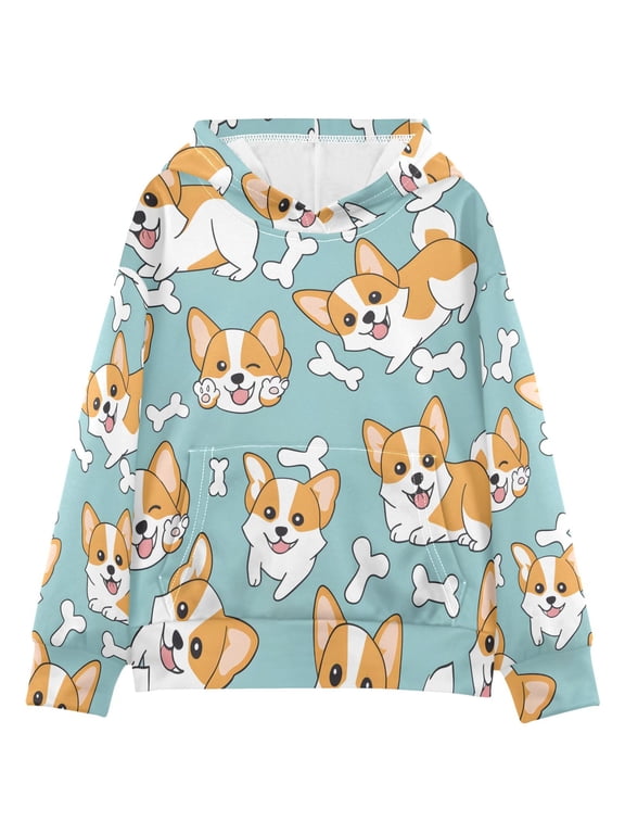 BZSMCE Corgi Puppy White Bones Pattern Print Hoodie Casual Pullover Sweatshirt With Kangaroo Pocket