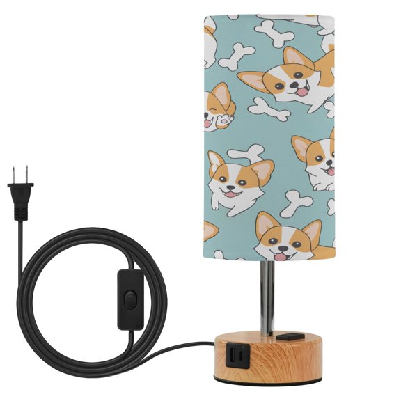BZSMCE Corgi Puppy White Bones Pattern Printed 3 Color Touch Control Table Lamp Linen Shade LED Nightstand Lamp with Wood Grain BaseUS Standard Power Cord