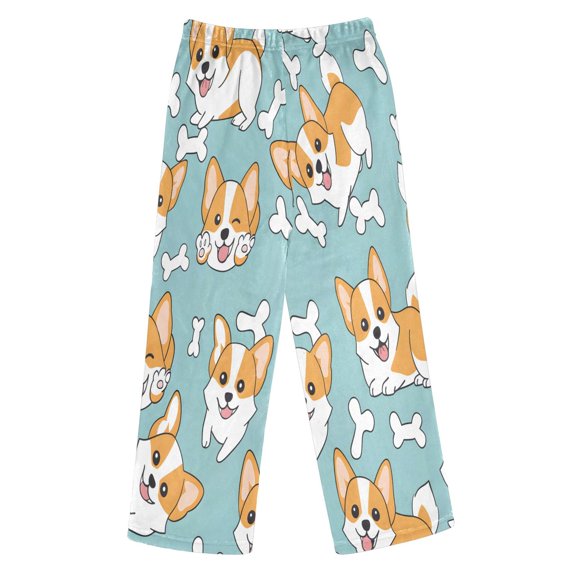 BZSMCE Corgi Puppy White Bones Pattern Printed Loose Fit Flannel Pajama Pants Soft Plush Elastic Waist Loungewear Bottoms with Side Pockets for Indoor Home Wear