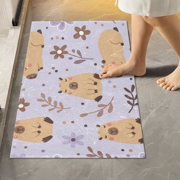 BZSMCE Cute Capybara Purple Flowers Pattern 2-Piece Non-Slip Absorbent Bathroom Rug Set, Soft Bath Mat & Toilet Rug