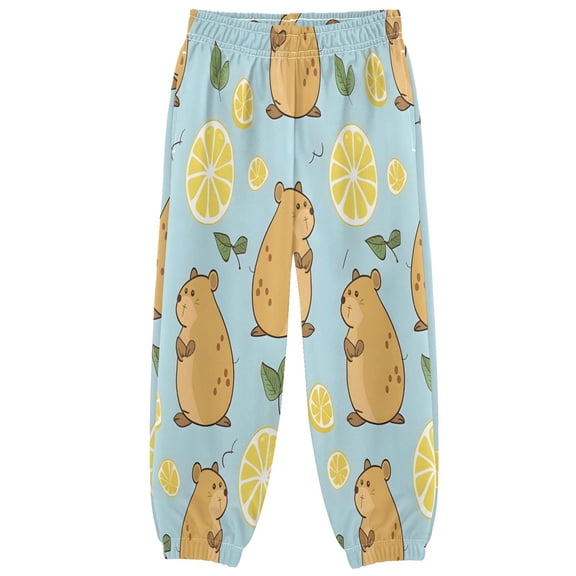 BZSMCE Cute Capybara and Lemon Print Elastic Waist Jogger Pants Lightweight Wind Resistant Casual Athletic Trousers with Cuffed Ankles & Side Pockets