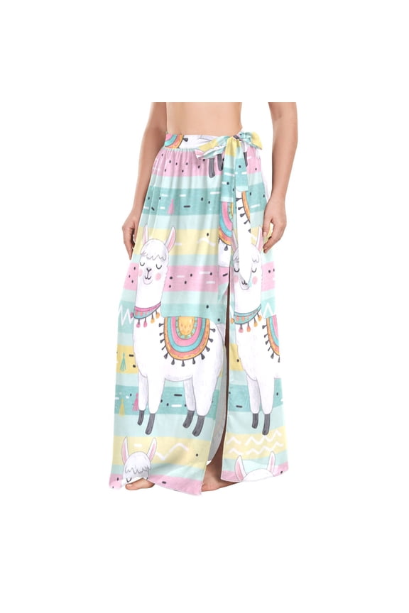 BZSMCE Cute Cartoon Llama Blue Pattern Maxi Cover-Up Skirt, Lightweight Quick-Dry Fabric