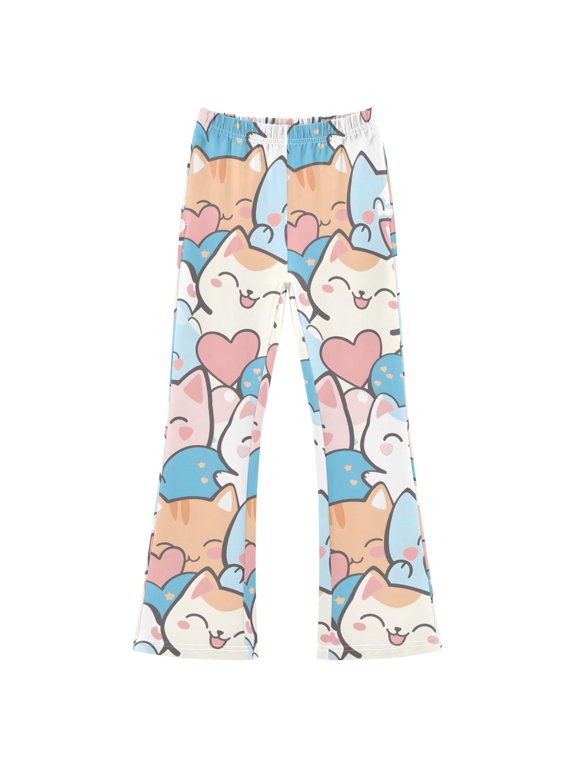 BZSMCE Cute Cat Pattern Print Flared Pants High‑Stretch Elastic Waist Bell‑Bottom Active Lounge Trousers Multi‑Size Pull‑On Casual Bottoms
