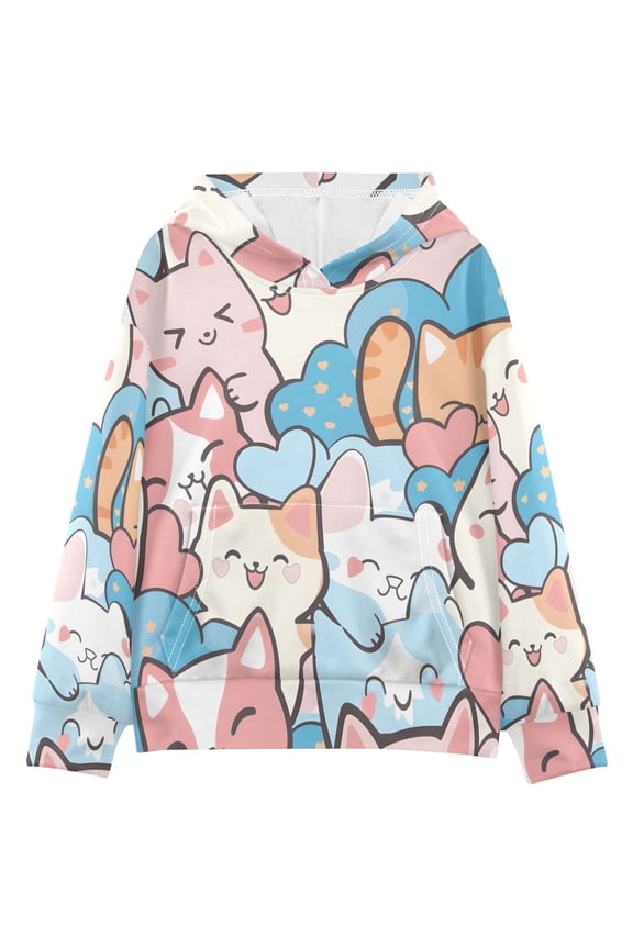 BZSMCE Cute Cat Pattern Print Hoodie Casual Pullover Sweatshirt With Kangaroo Pocket