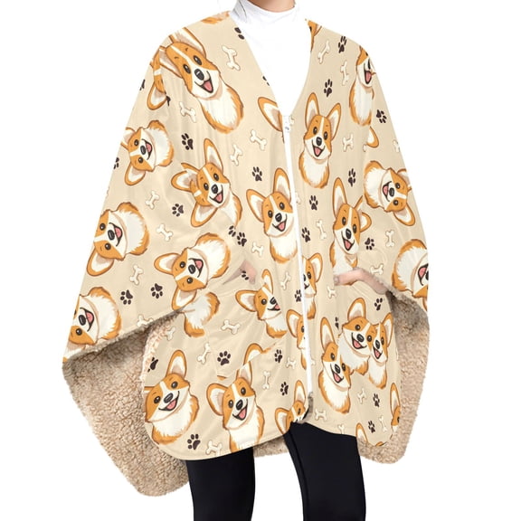 BZSMCE Cute Dog Bone Footprint Pattern Panda and White Cloud Pattern Print Wearable Blanket Poncho DoubleLayer Fleece Sherpa Wrap Blanket With Zipper & Pockets Cozy Sleeveless Warm Throw Blanket