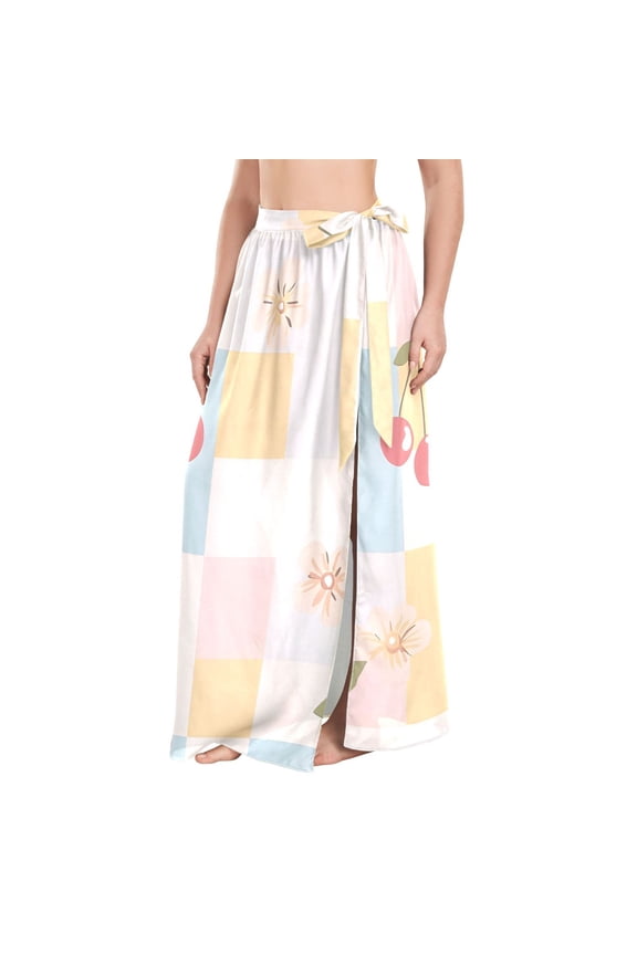 BZSMCE Cute Flower Checkboard Cherry Pattern Maxi Cover-Up Skirt, Lightweight Quick-Dry Fabric