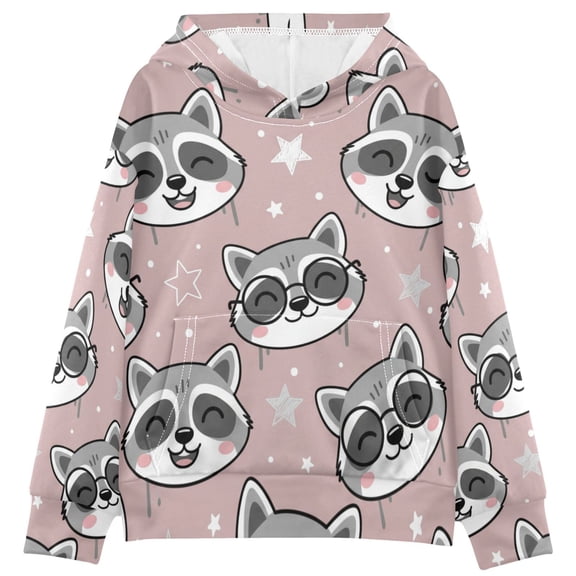 BZSMCE Cute Raccoon Print Hoodie Casual Pullover Sweatshirt With Kangaroo Pocket
