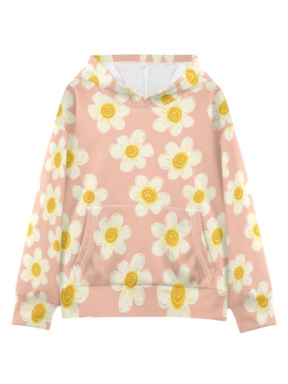 BZSMCE Daisy Pattern Print Hoodie Casual Pullover Sweatshirt With Kangaroo Pocket