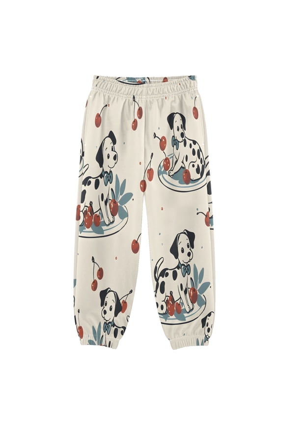 BZSMCE Dalmatian Cherry Plate Pattern Print Elastic Waist Jogger Pants Lightweight Wind Resistant Casual Athletic Trousers with Cuffed Ankles & Side Pockets