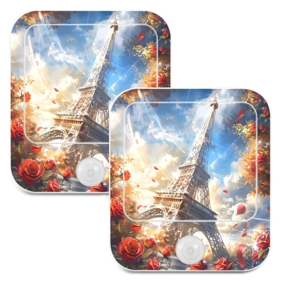 BZSMCE Decorative Eiffel Tower Roses Blue Sky Print LED Night Light 2‑Pack Warm White Stepless Dimmable Plug‑in Lamp for Home Hallway Bathroom