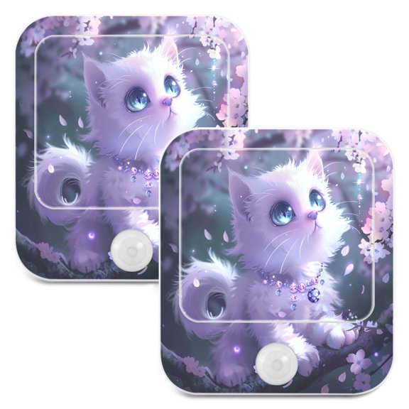 BZSMCE Decorative Sakura White Cat Fantasy Print LED Night Light 2‑Pack Warm White Stepless Dimmable Plug‑in Lamp for Home Hallway Bathroom