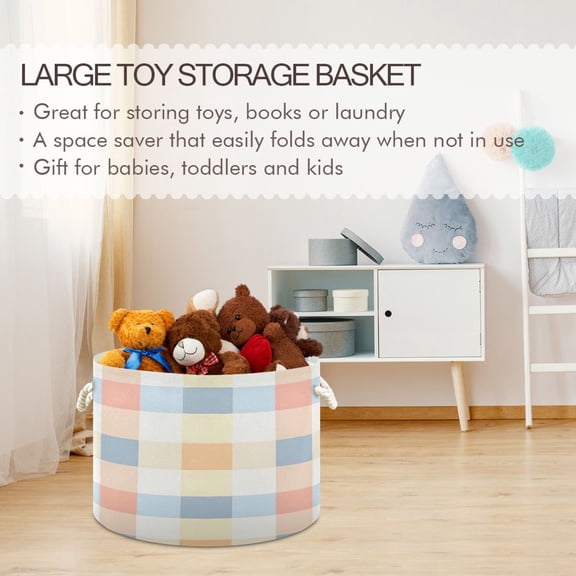 BZSMCE Decorative Storage Open Bins 20x14in In Blue Red Orange and White Checkered Pattern Printed