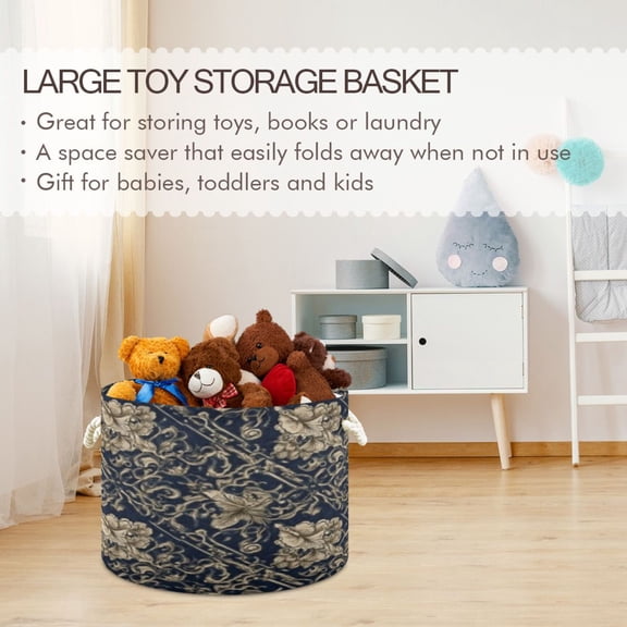 BZSMCE Decorative Storage Open Bins 20x14in In Navy Gold Damask Printed