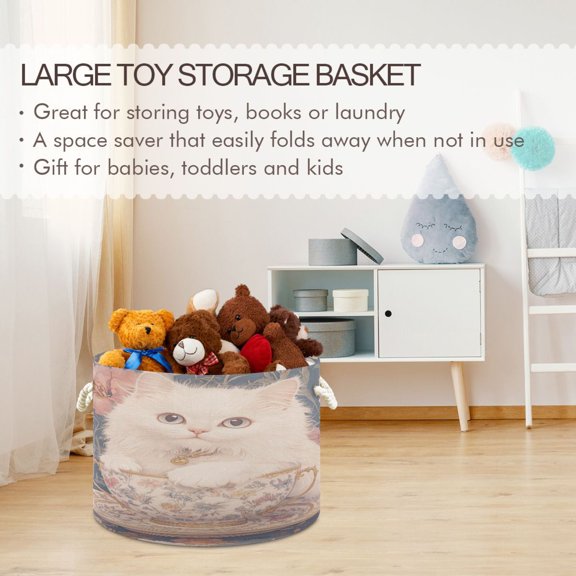 BZSMCE Decorative Storage Open Bins 20x14in In Teacup Kitty Vintage Charm Printed