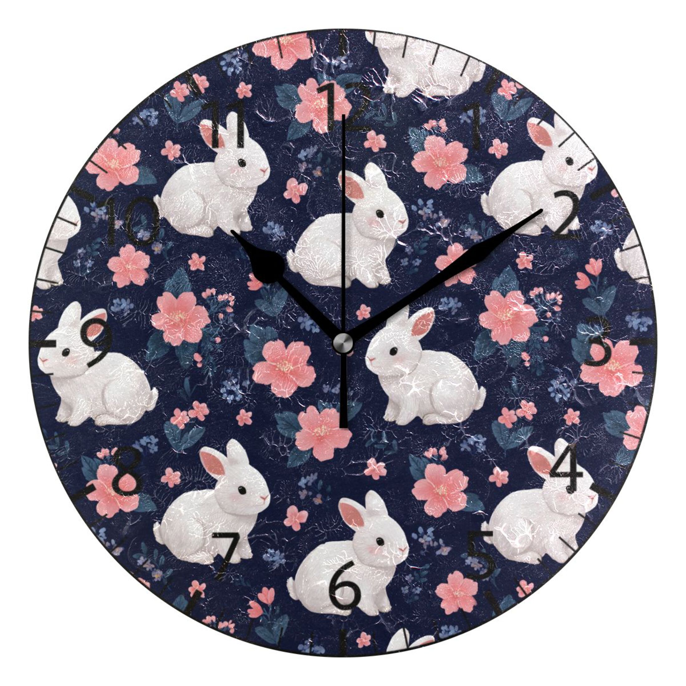BZSMCE Decorative Wall Clock Size：25cm Cute Rabbit with Flowers Pattern ...