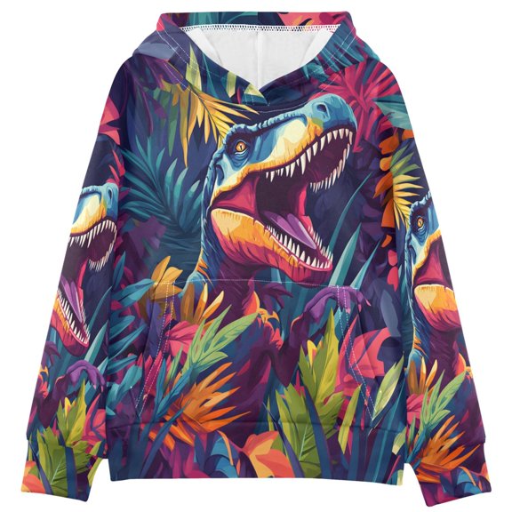 BZSMCE Dinosaur Leaf Print Hoodie Casual Pullover Sweatshirt With Kangaroo Pocket