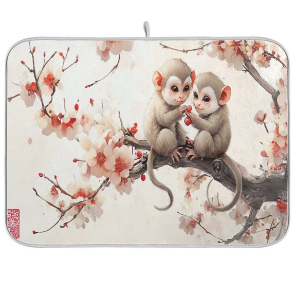 BZSMCE Dish Drying Mat Cute Monkey Sitting on The Branch Design Drying Mats