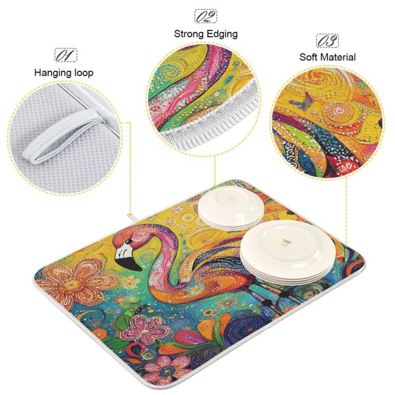 BZSMCE Dish Drying Mat Dancing Flamingo in Vibrant Bliss Pattern Design Drying Mats