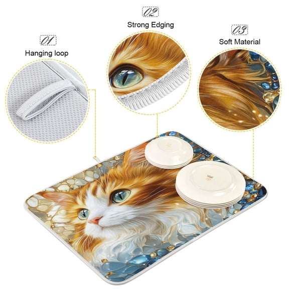 BZSMCE Dish Drying Mat Gemstone Cat with Sparkling Eyes Pattern Design Drying Mats