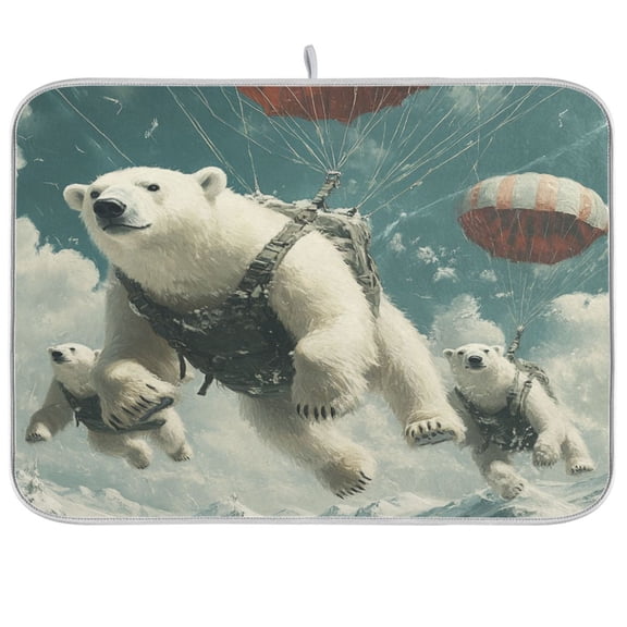 BZSMCE Dish Drying Mat Polar Bears Fly with Parachutes Design Drying Mats