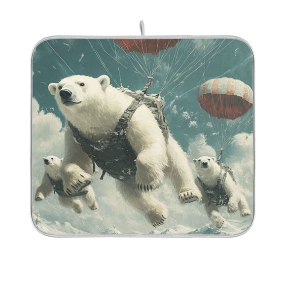 BZSMCE Dish Drying Mat Polar Bears Fly with Parachutes Design Drying Mats