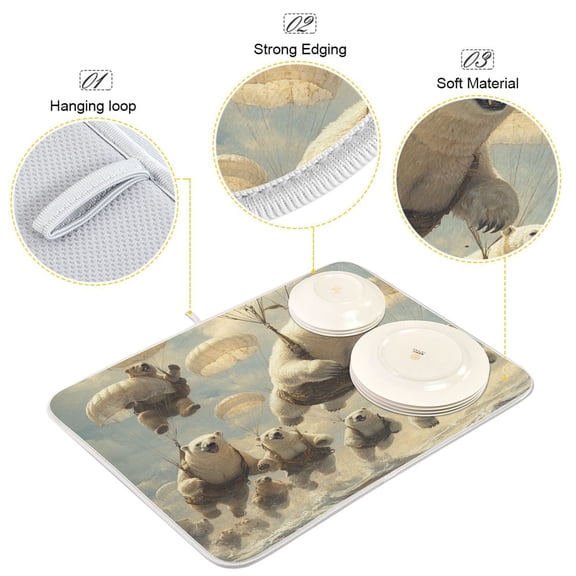 BZSMCE Dish Drying Mat Polar Bears Fly with Parachutes Painting Design Drying Mats