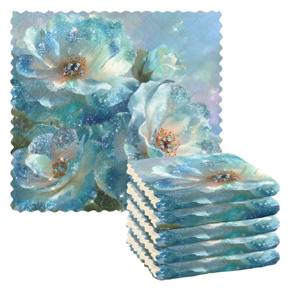 BZSMCE Dish Towels Reuseable Cleaning Cloths 6-pack In Aqua Crystal Blossoms Pattern