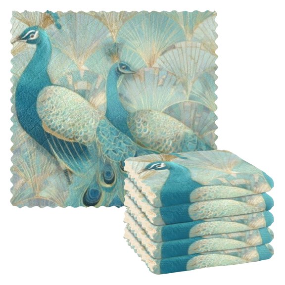 BZSMCE Dish Towels Reuseable Cleaning Cloths 6-pack In Art Deco Peacock Duet Pattern