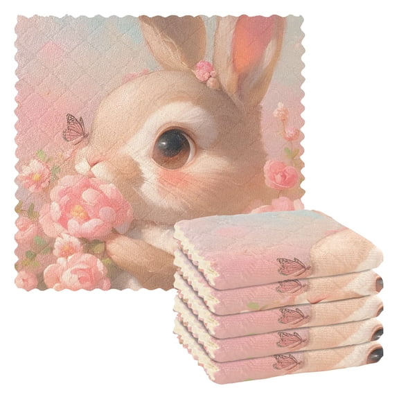 BZSMCE Dish Towels Reuseable Cleaning Cloths 6-pack In Blush Bloom Bunny Pattern