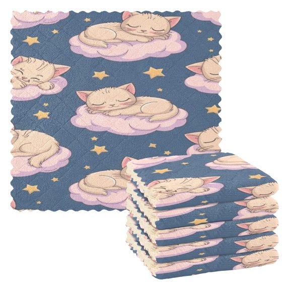 BZSMCE Dish Towels Reuseable Cleaning Cloths 6-pack In Cloud Cat Nap Pattern