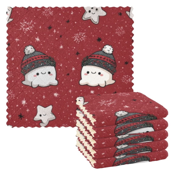BZSMCE Dish Towels Reuseable Cleaning Cloths 6-pack In Cozy Hat - Wearing Ghosts on Red Pattern