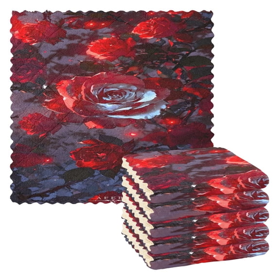 BZSMCE Dish Towels Reuseable Cleaning Cloths 6-pack In Crimson Dark Roses Pattern