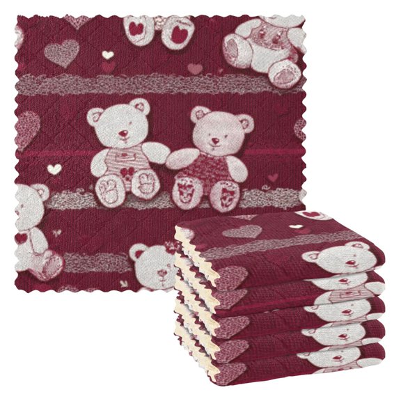BZSMCE Dish Towels Reuseable Cleaning Cloths 6-pack In Crimson Teddy Bear Jubilee Pattern