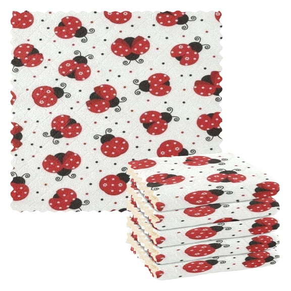 BZSMCE Dish Towels Reuseable Cleaning Cloths 6-pack In Ladybugs on White Pattern