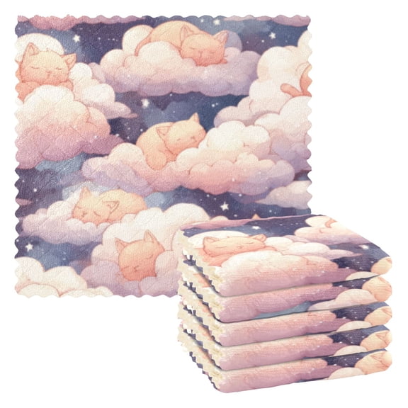 BZSMCE Dish Towels Reuseable Cleaning Cloths 6-pack In Pastel Cloud Cat Nap Pattern