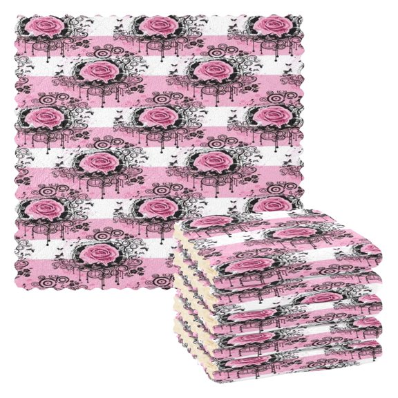 BZSMCE Dish Towels Reuseable Cleaning Cloths 6-pack In Pink Floral Lattice Pattern