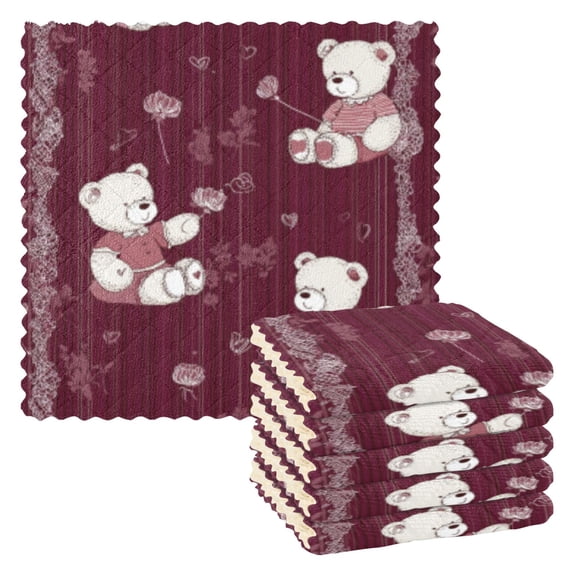 BZSMCE Dish Towels Reuseable Cleaning Cloths 6-pack In Plum Bear Whimsy Pattern