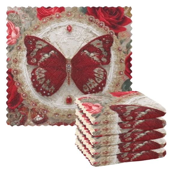 BZSMCE Dish Towels Reuseable Cleaning Cloths 6-pack In Ruby Butterfly Pattern
